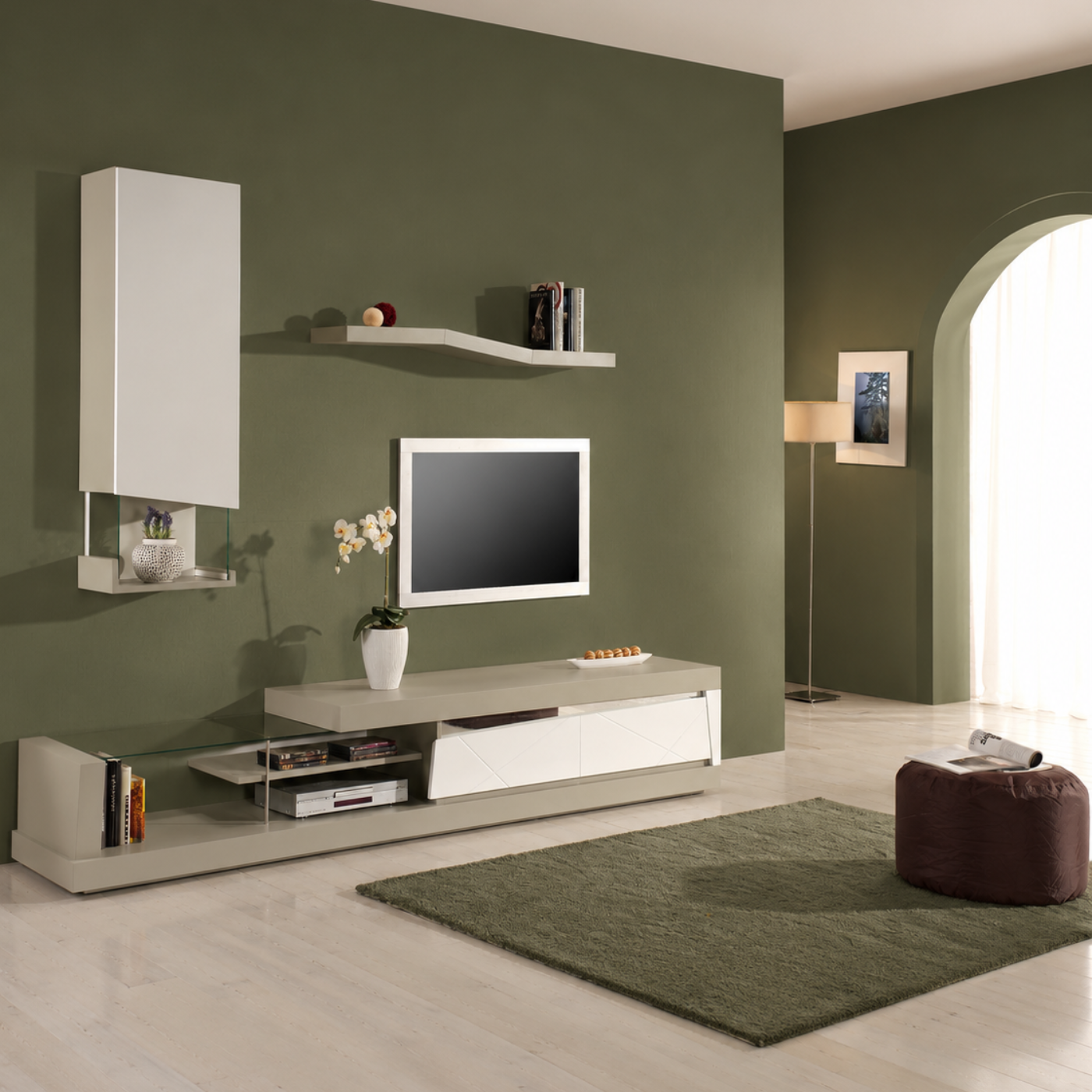 Sala de Estar Peaceful com base TV, módulo suspenso e prateleira